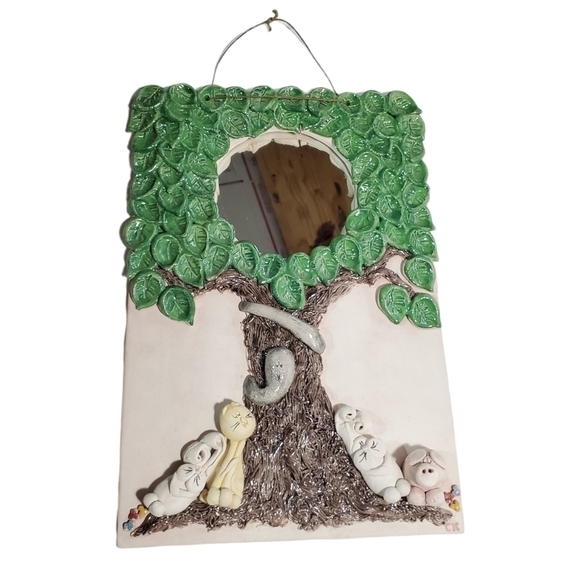 Clay molded Wall Art Mirror cute Tree with animals signed CK - Picture 2 of 11